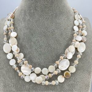 Elegant Triple Strand Shell & Crystal Bead Necklace Neutral Tones Layered Look